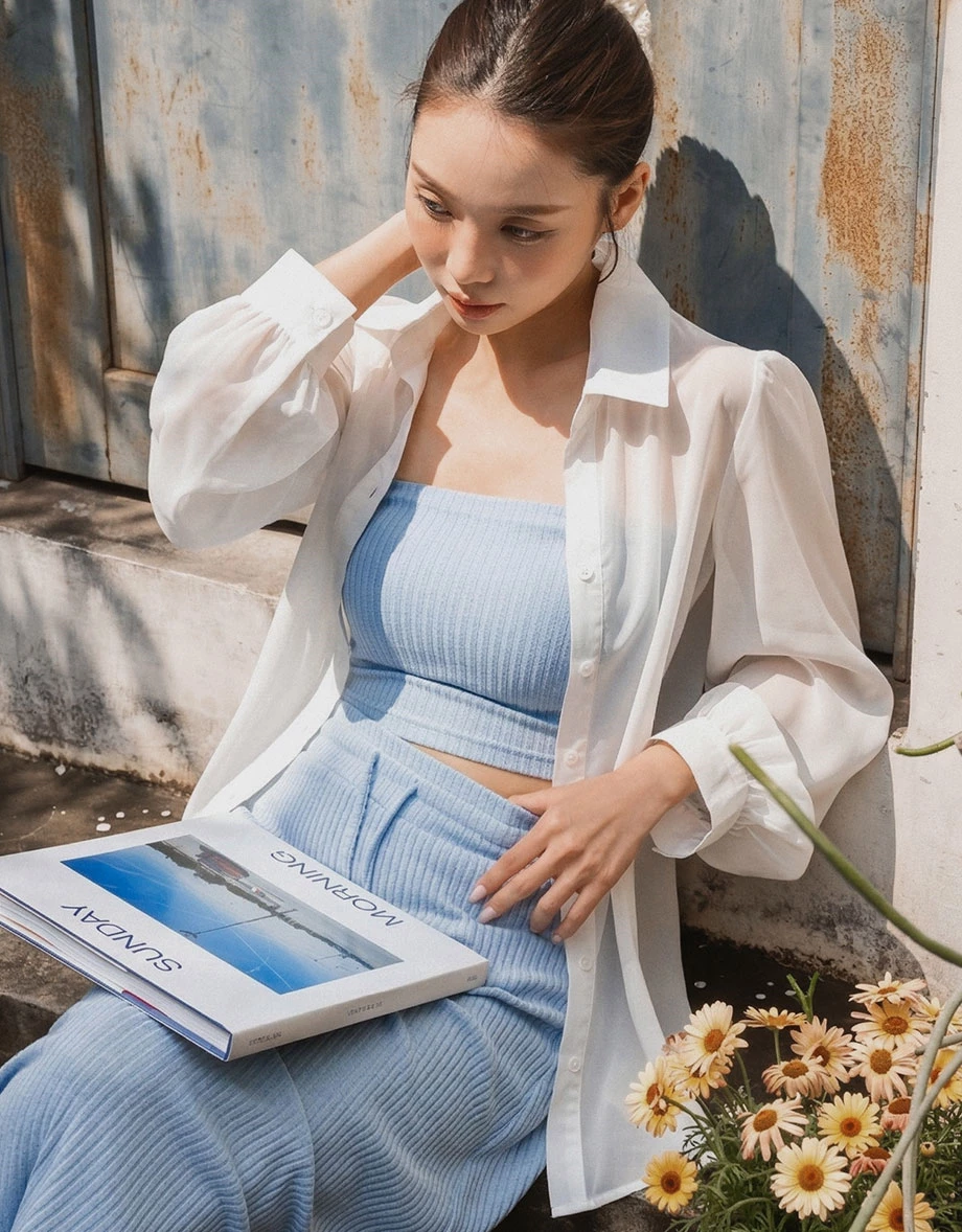 透膚雪紡長袖長版襯衫