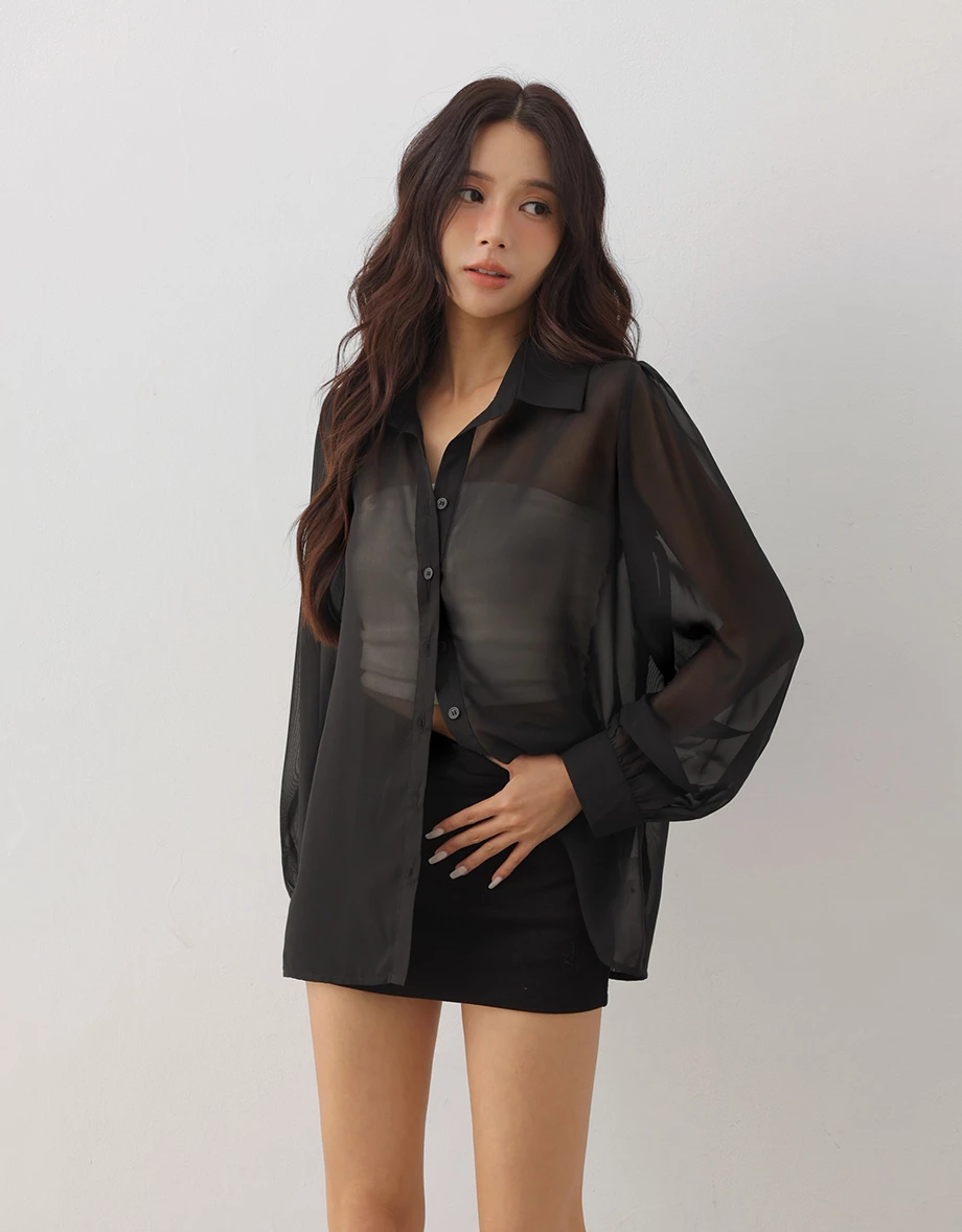 透膚雪紡長袖長版襯衫