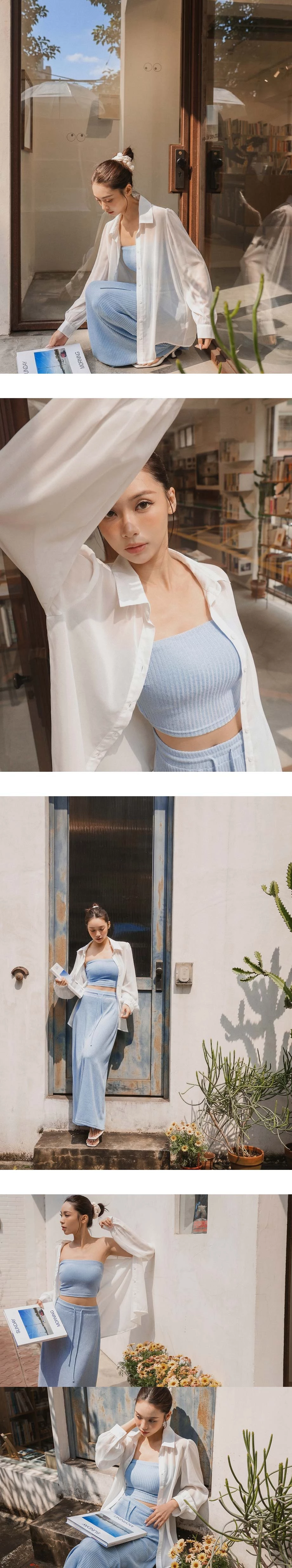 透膚雪紡長袖長版襯衫