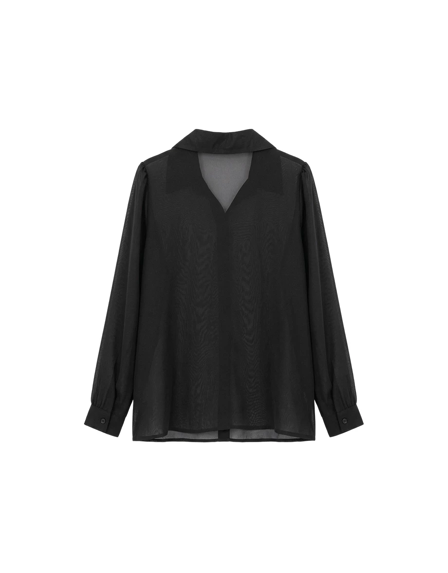 透膚雪紡長袖長版襯衫