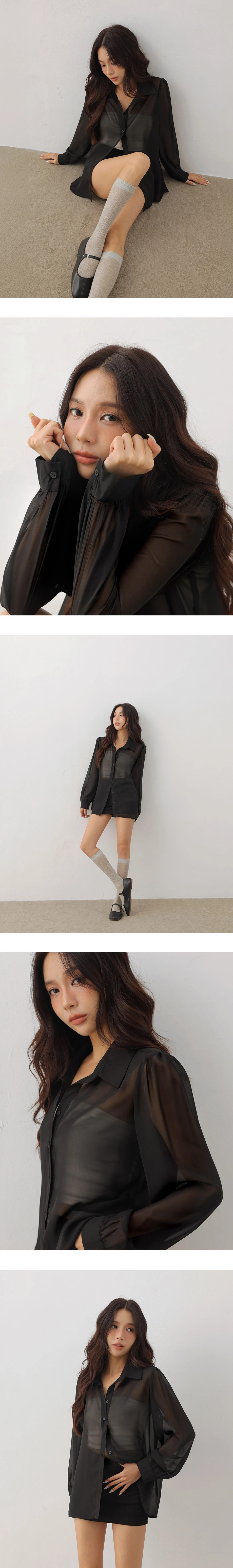 透膚雪紡長袖長版襯衫