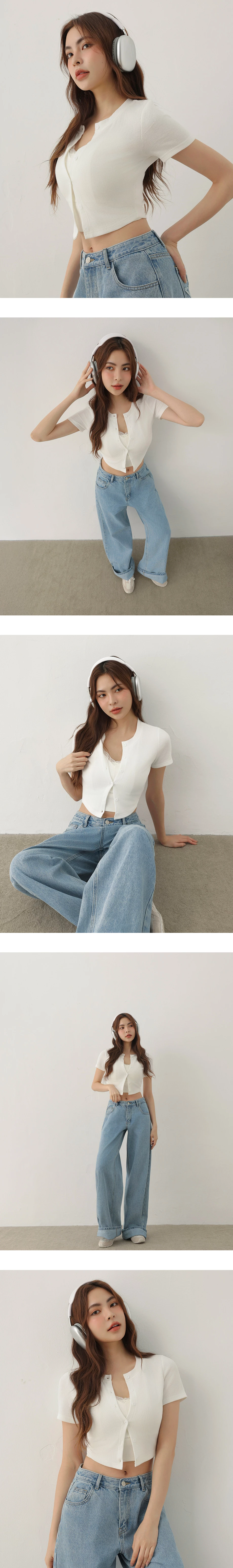 圓領排扣短袖短版華夫格開襟衫