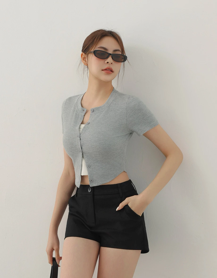 圓領排扣短袖短版華夫格開襟衫