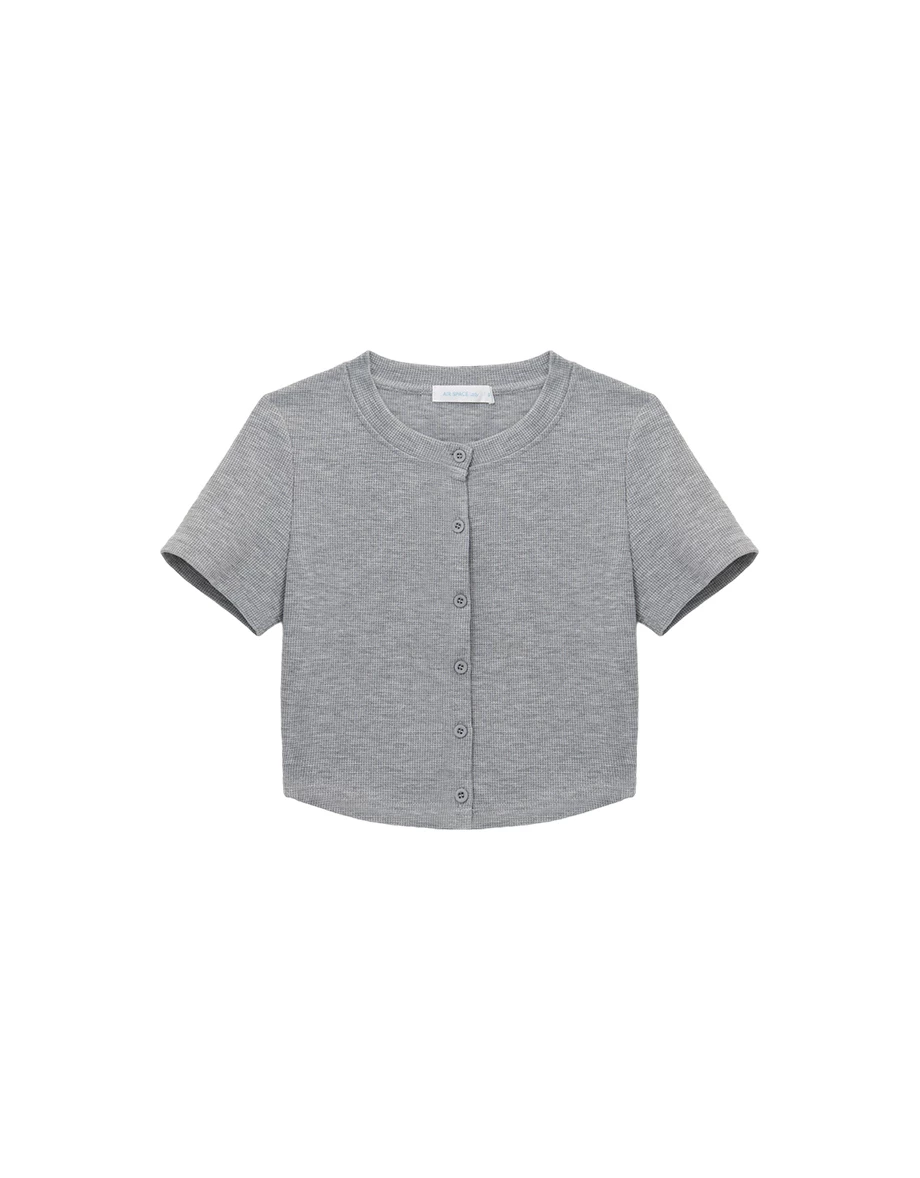 圓領排扣短袖短版華夫格開襟衫