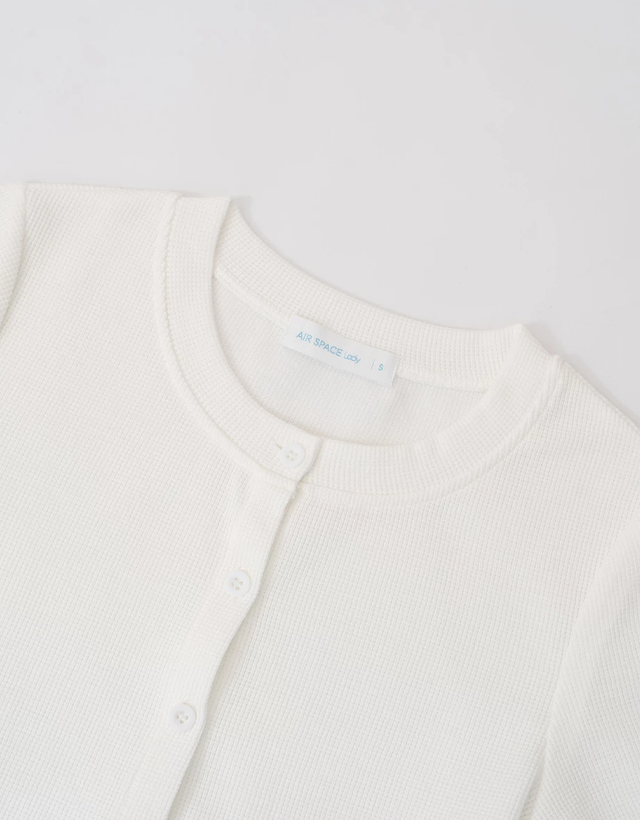 圓領排扣短袖短版華夫格開襟衫