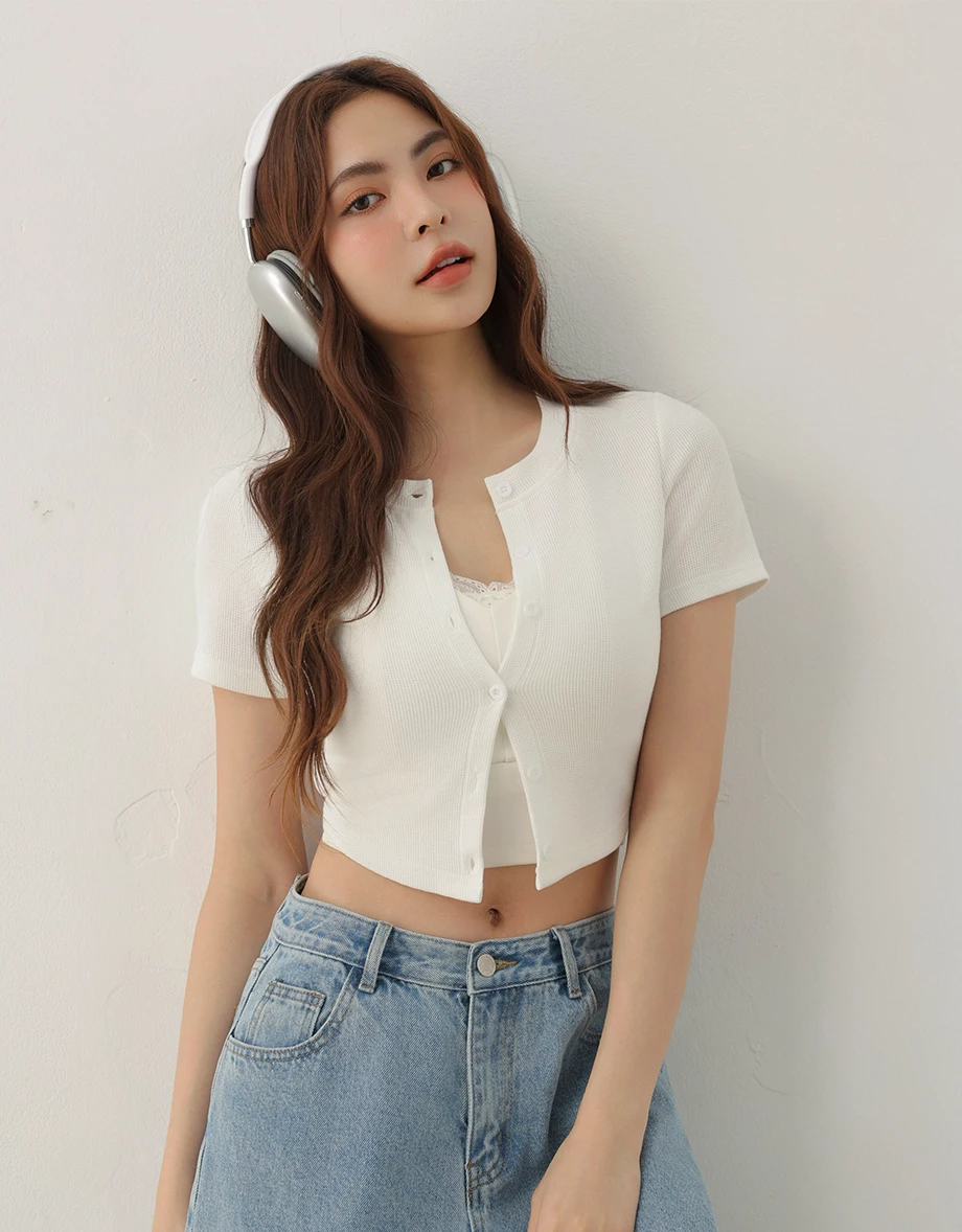 圓領排扣短袖短版華夫格開襟衫