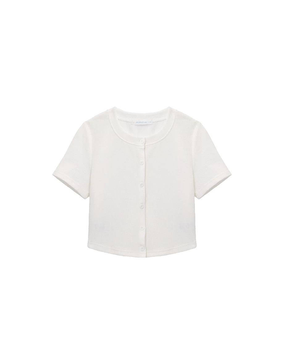 圓領排扣短袖短版華夫格開襟衫