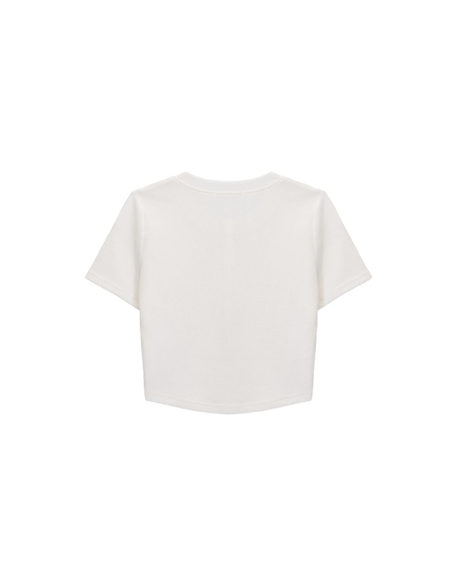 圓領排扣短袖短版華夫格開襟衫