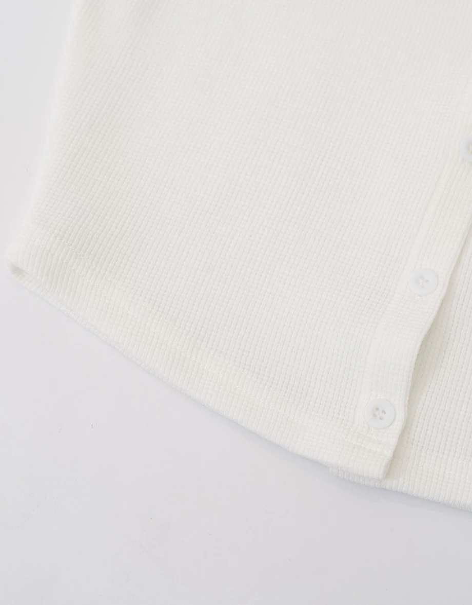 圓領排扣短袖短版華夫格開襟衫