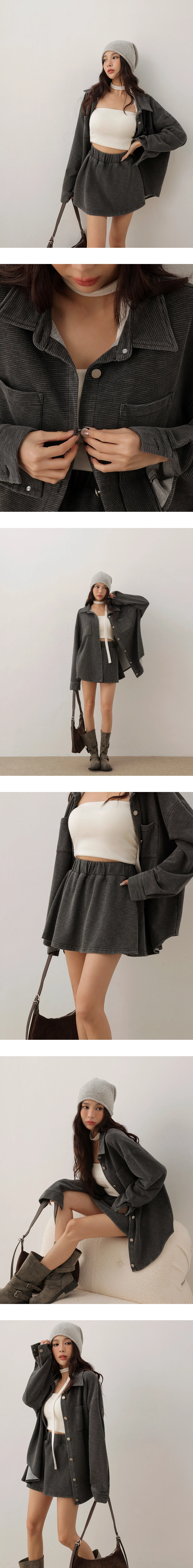 Vintage Wash Elastic Waist Ribbed A Line Mini Skirt