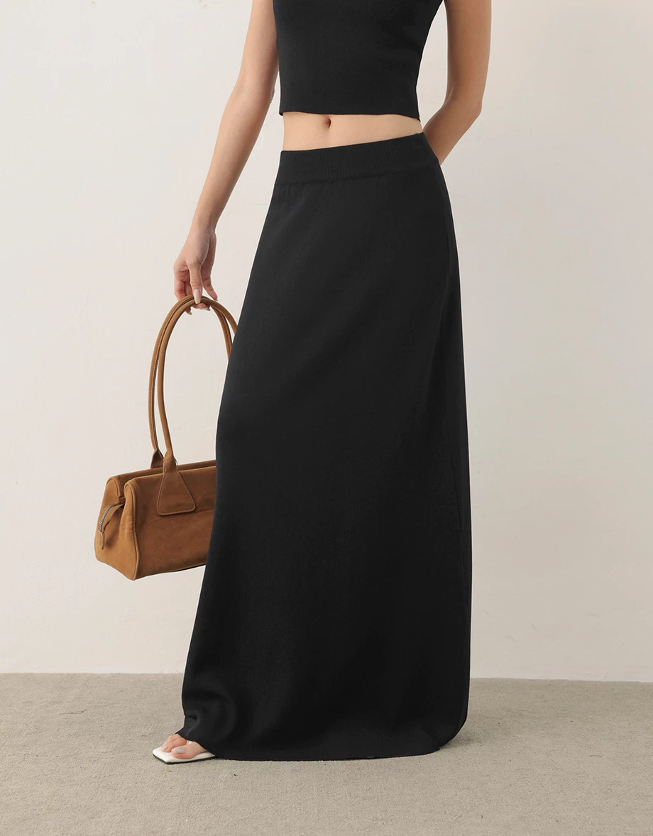 Ribbed Mid Waistband A Line Casual Maxi Skirt