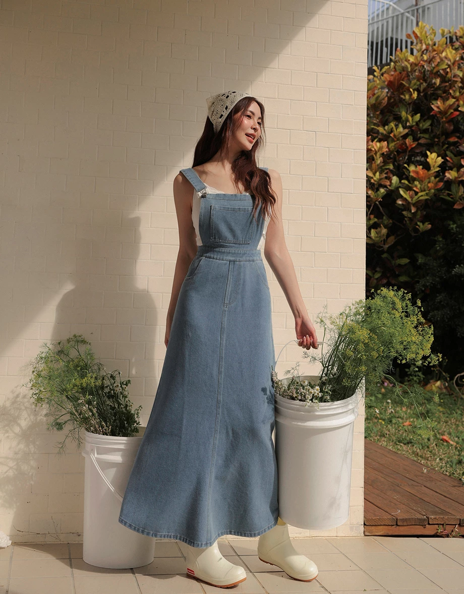 Classic A Line Jeans Denim Pinafore Dress with Pockets