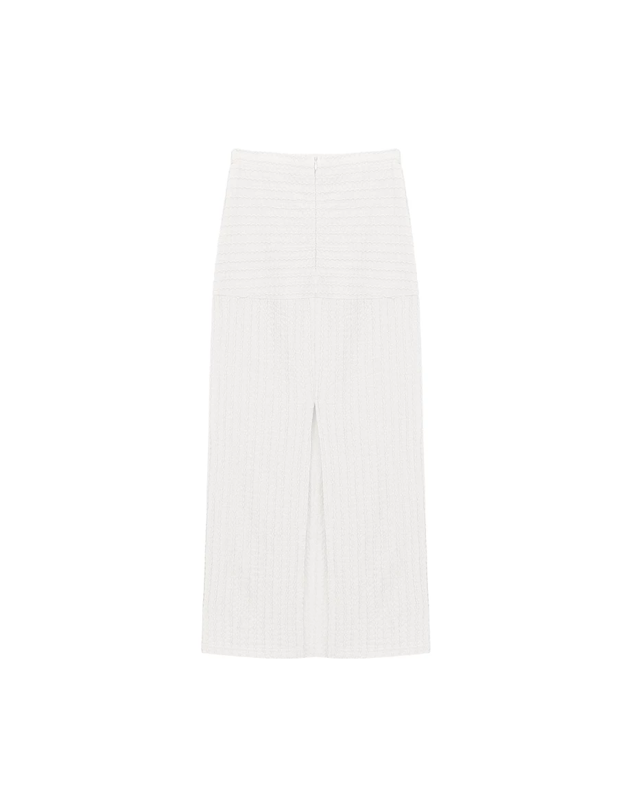 波浪條紋緹花拼接設計後開衩直筒長裙