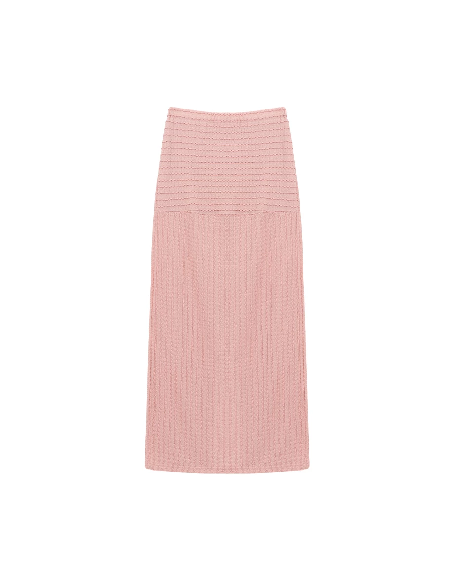 波浪條紋緹花拼接設計後開衩直筒長裙