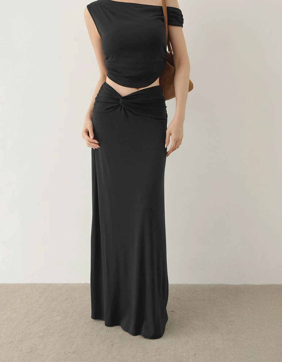 扭結抓皺設計修身傘擺長裙