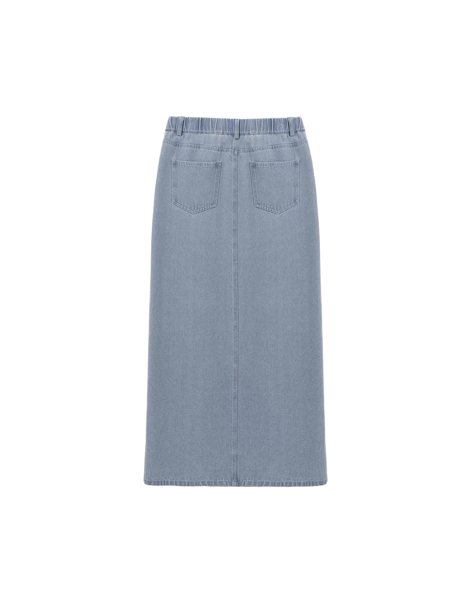 復古刷色單側開衩直筒牛仔長裙