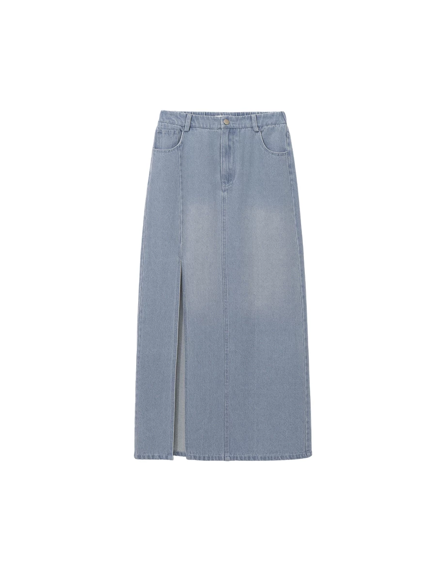 復古刷色單側開衩直筒牛仔長裙