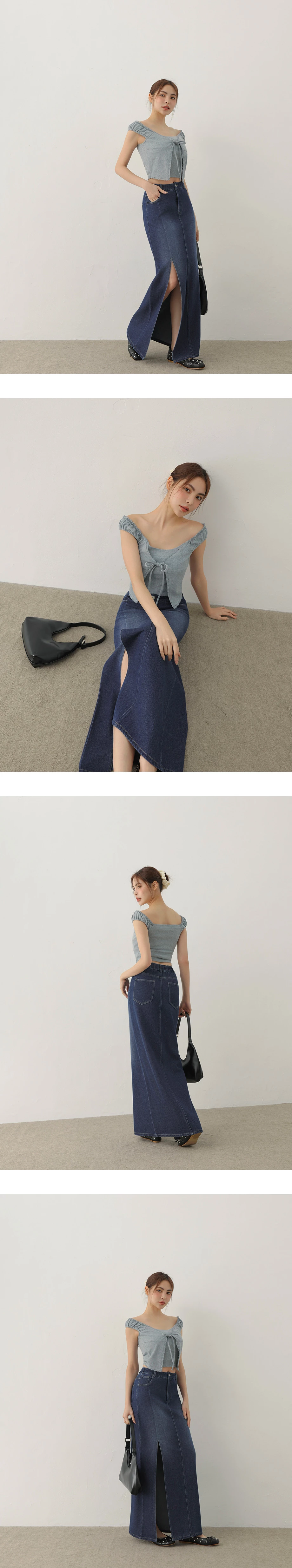 復古刷色單側開衩直筒牛仔長裙