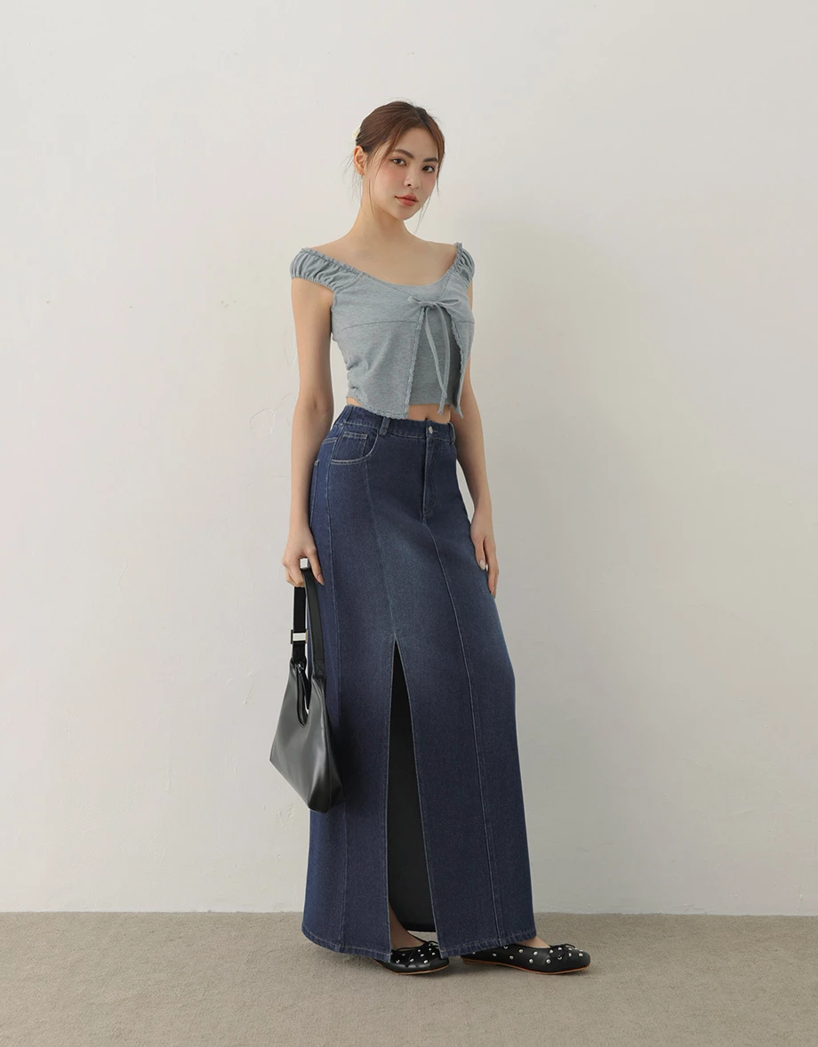 復古刷色單側開衩直筒牛仔長裙