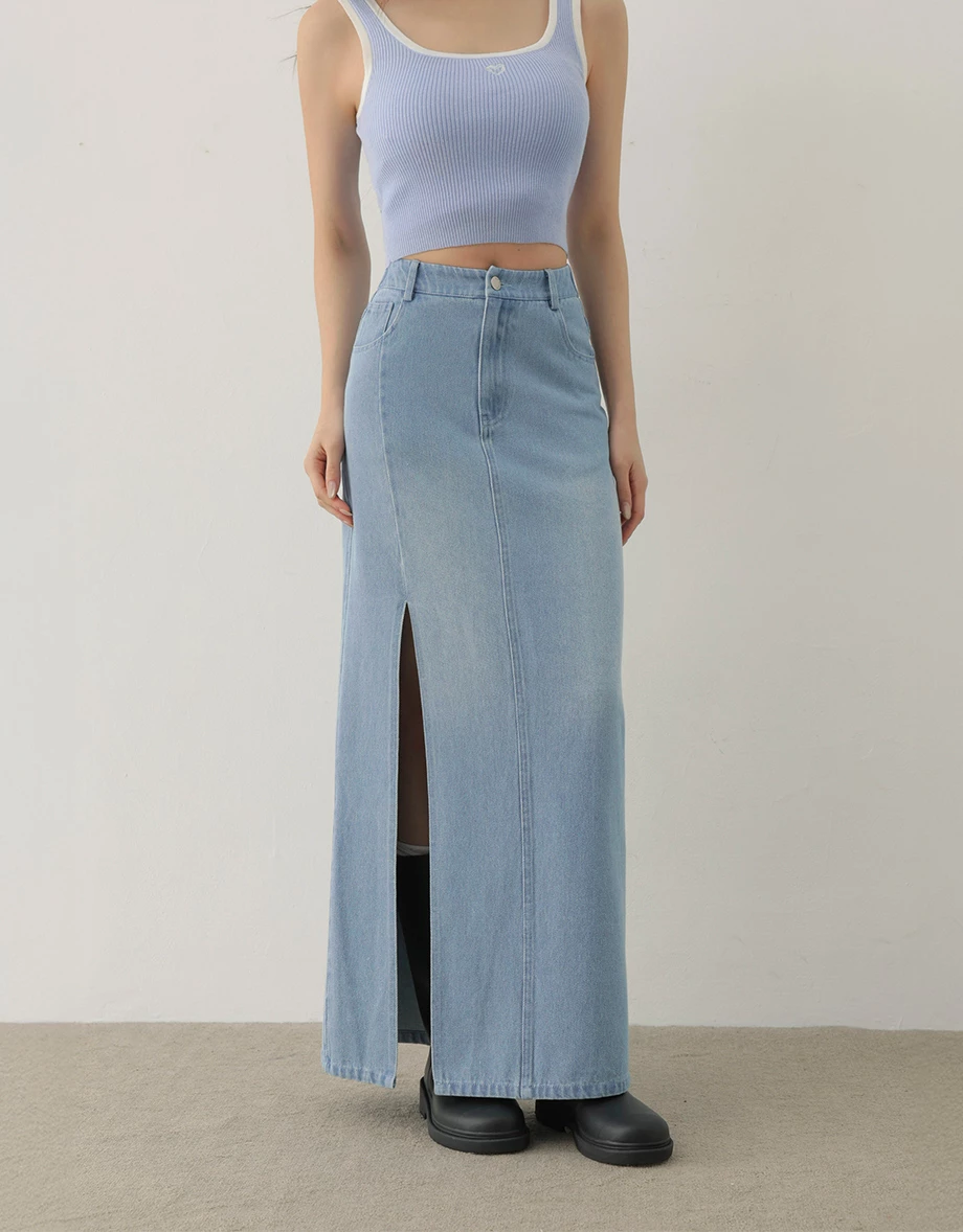 復古刷色單側開衩直筒牛仔長裙