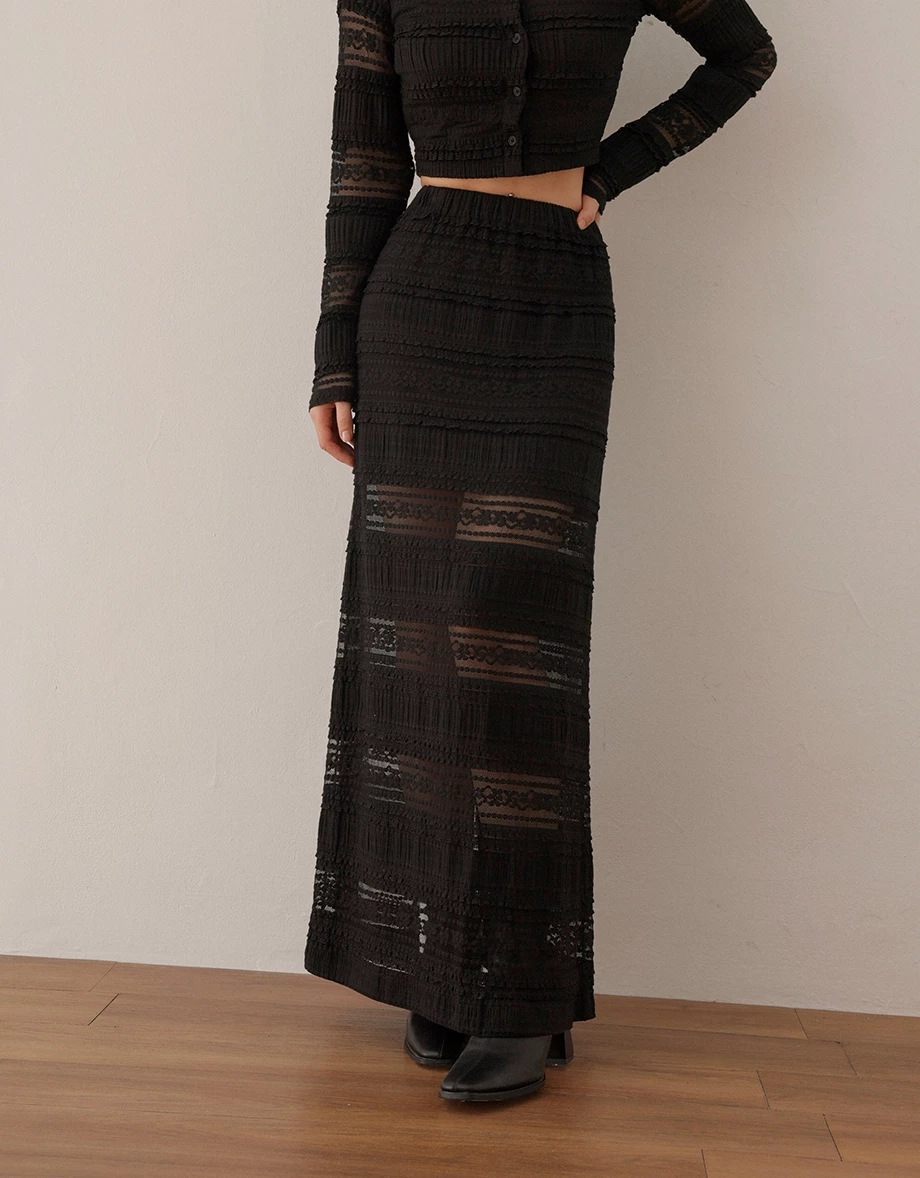 後開衩多層次花邊透膚蕾絲鬆緊直筒長裙