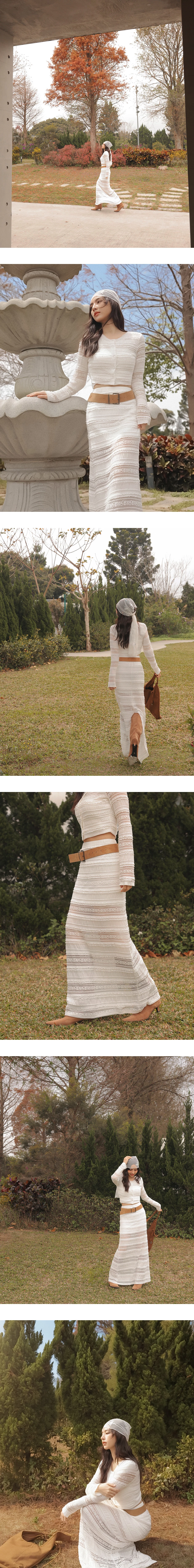 後開衩多層次花邊透膚蕾絲鬆緊直筒長裙