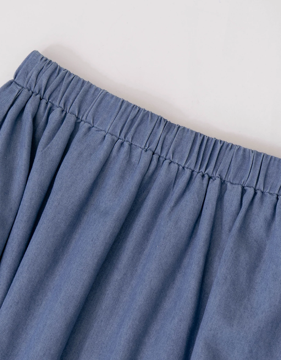 鬆緊腰水洗牛仔蛋糕長裙