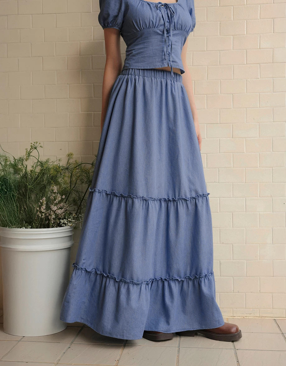 鬆緊腰水洗牛仔蛋糕長裙