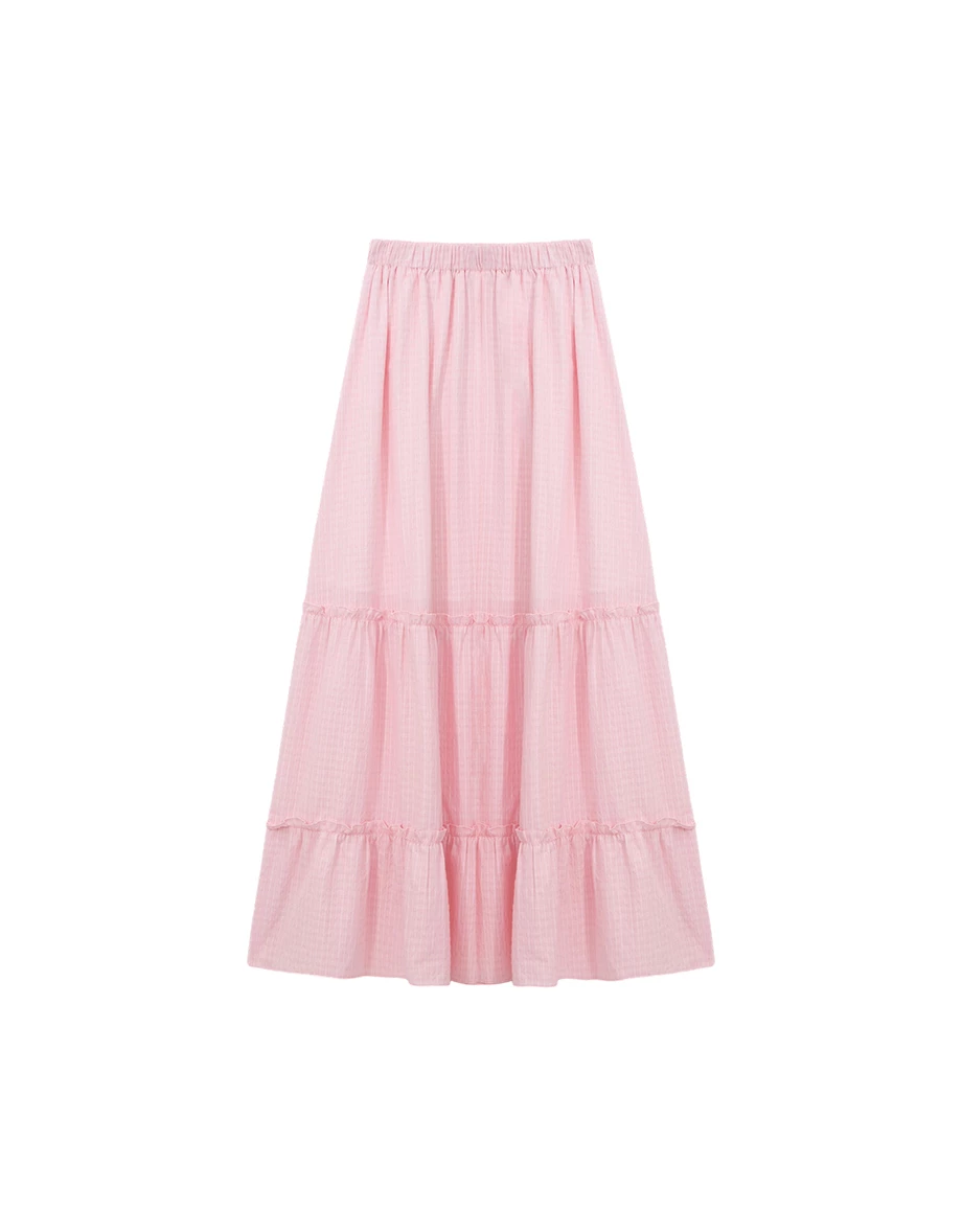 鬆緊腰直條紋蛋糕長裙