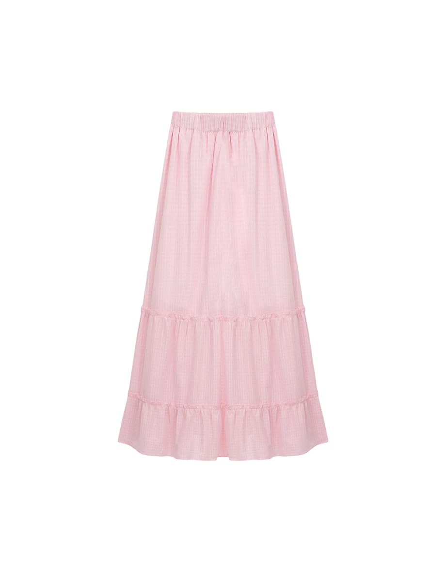 鬆緊腰直條紋蛋糕長裙