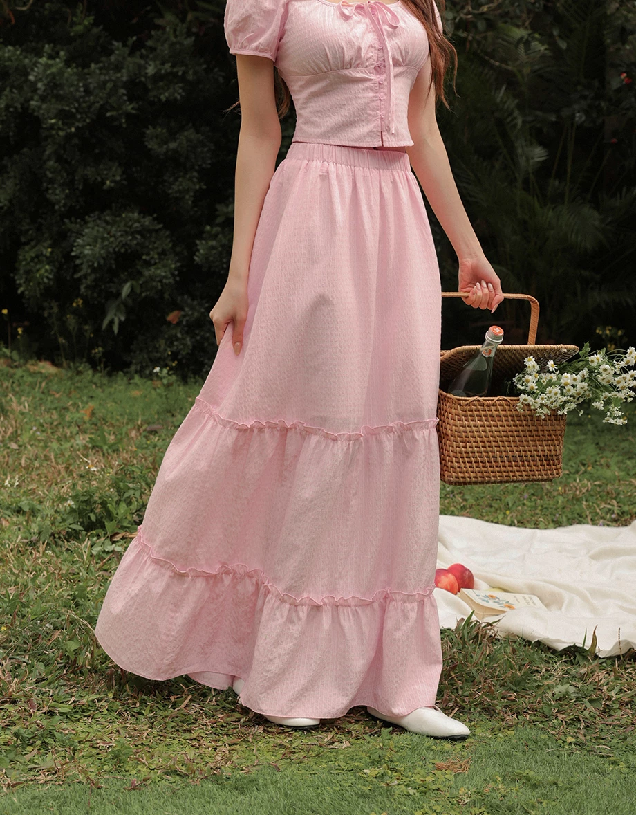 鬆緊腰直條紋蛋糕長裙