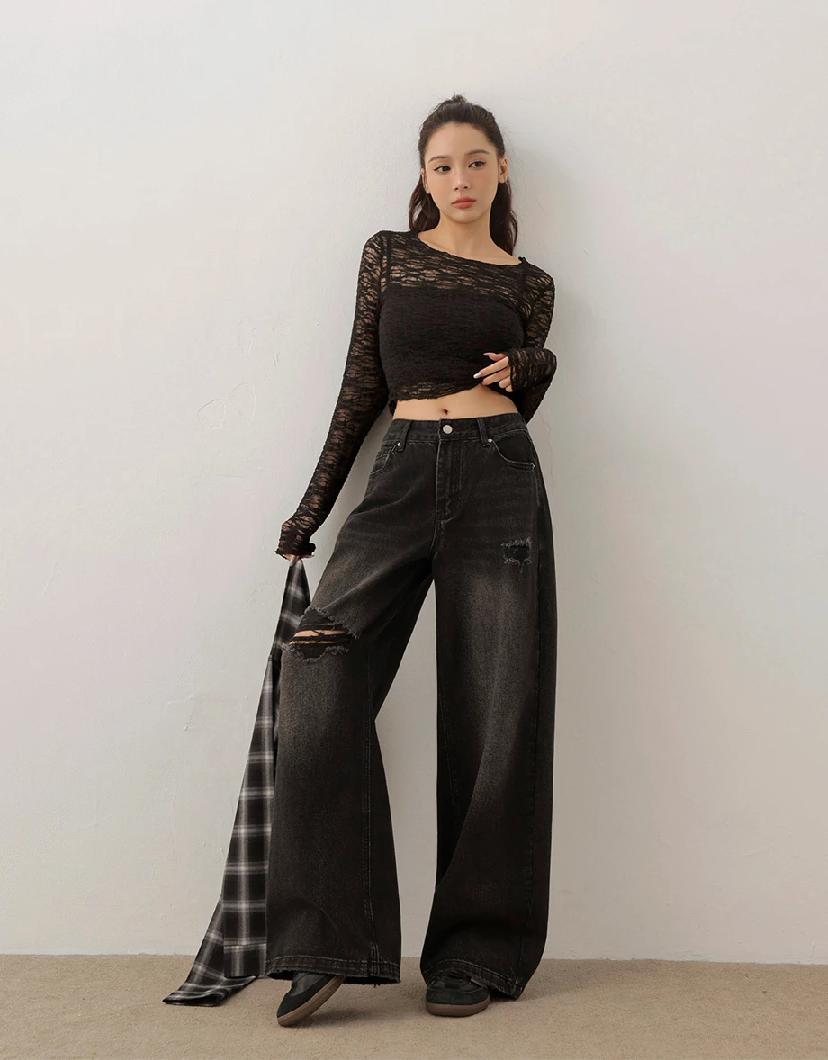 Low Rise Distressed Washed Jeans Denim Wide Pants