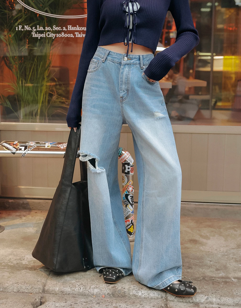 Low Rise Distressed Washed Jeans Denim Wide Pants Low Rise Distressed Washed Jeans Denim Wide Pants