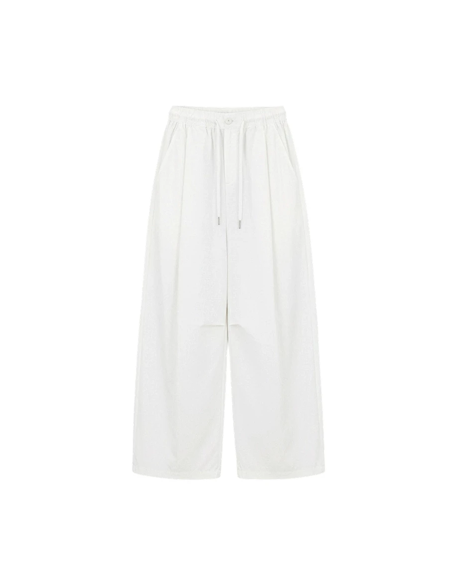 Elastic Drawstring Waist Pleated Pocket Wide Leg Pants