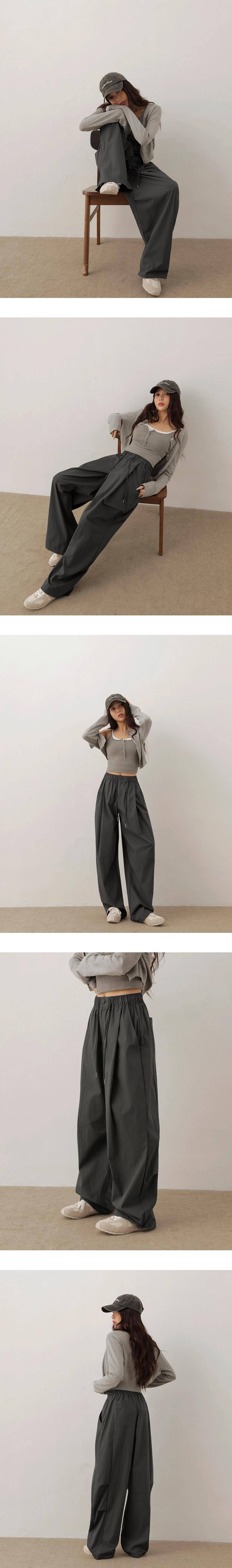 Elastic Drawstring Waist Pleated Pocket Wide Leg Pants