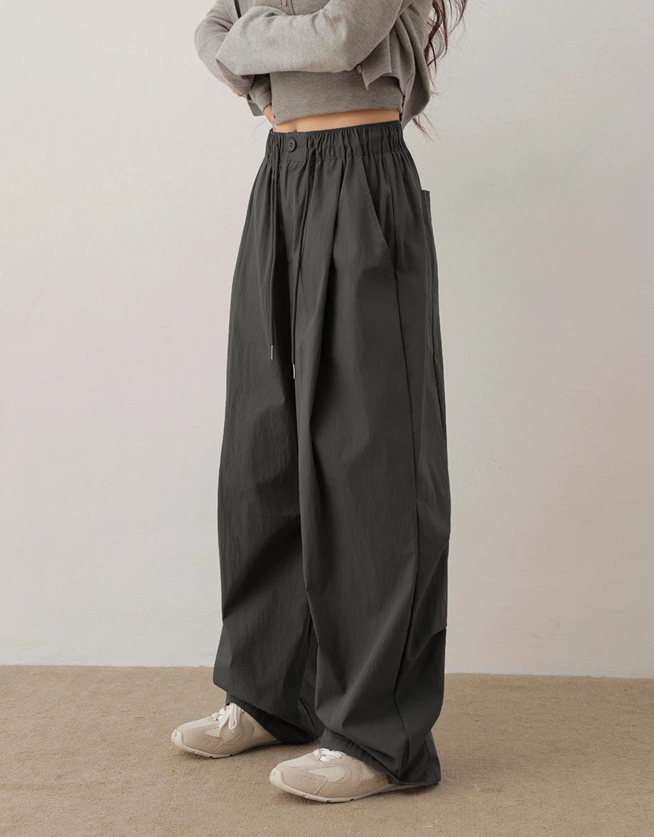 Elastic Drawstring Waist Pleated Pocket Wide Leg Pants