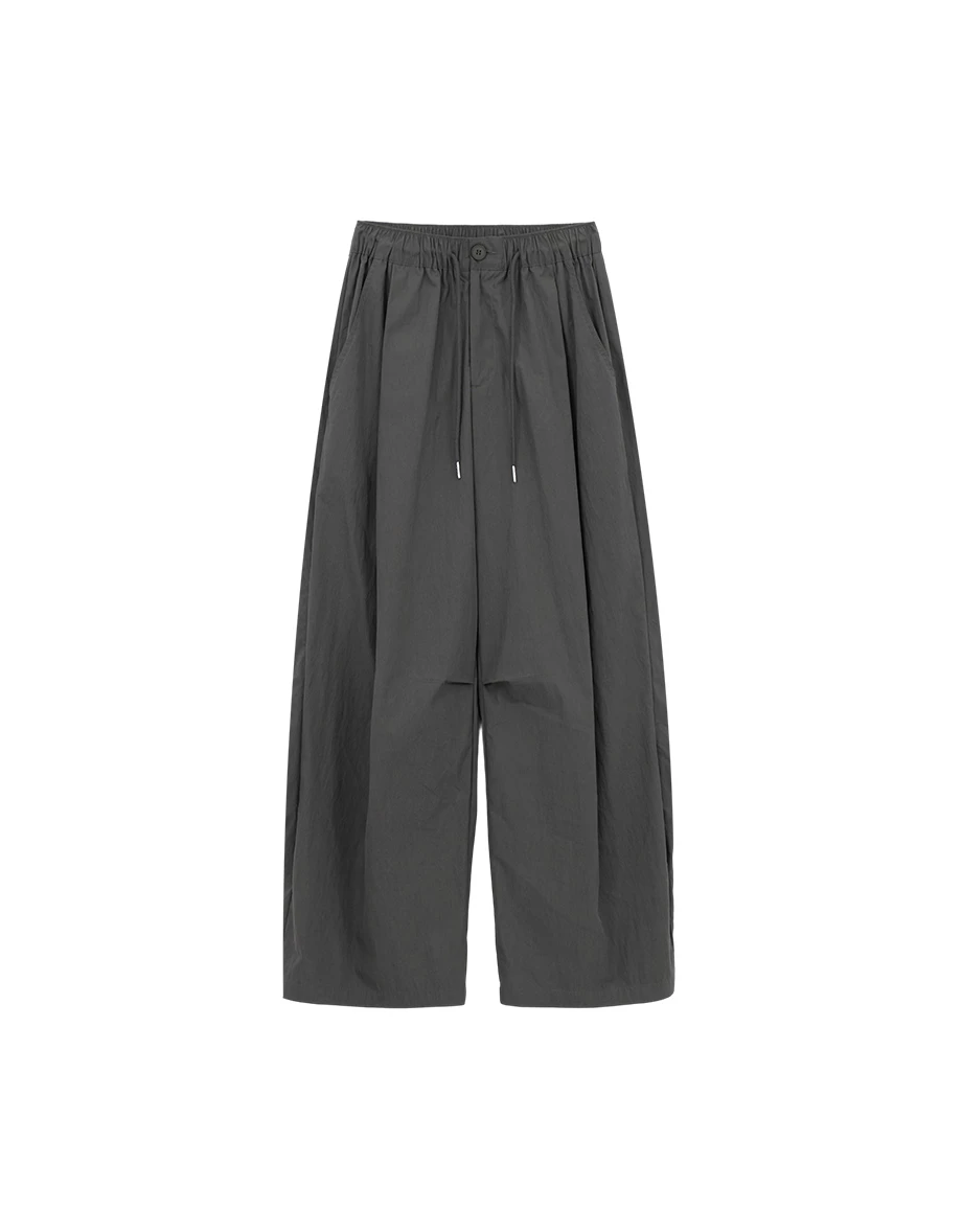Elastic Drawstring Waist Pleated Pocket Wide Leg Pants