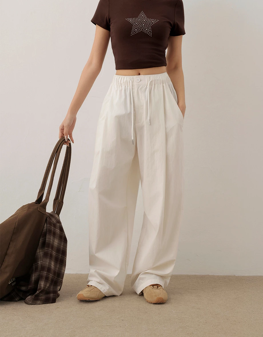 Elastic Drawstring Waist Pleated Pocket Wide Leg Pants