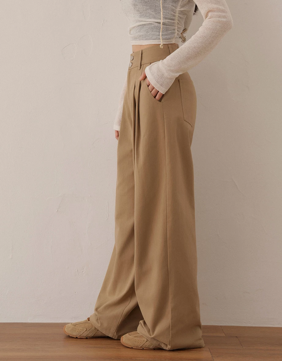 雙扣高腰打褶純棉休閒寬褲