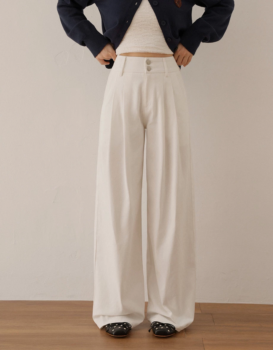 雙扣高腰打褶純棉休閒寬褲