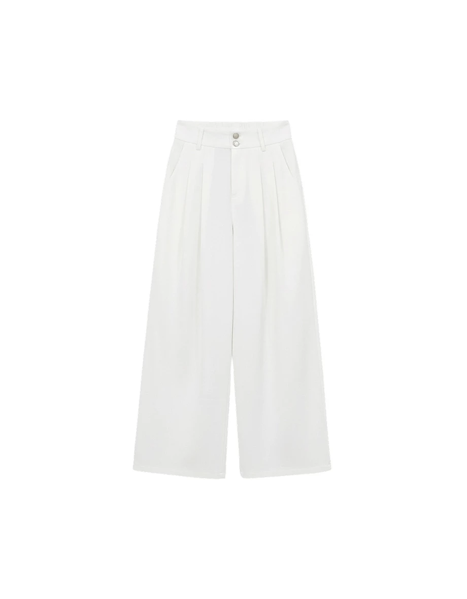 雙扣高腰打褶純棉休閒寬褲