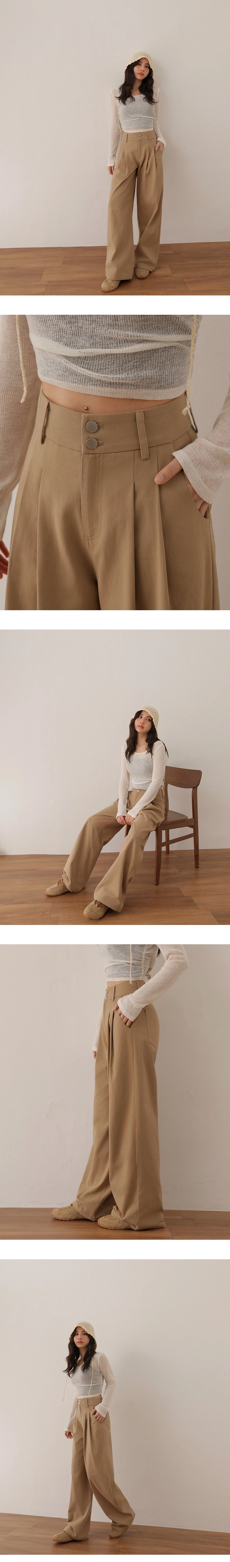 雙扣高腰打褶純棉休閒寬褲