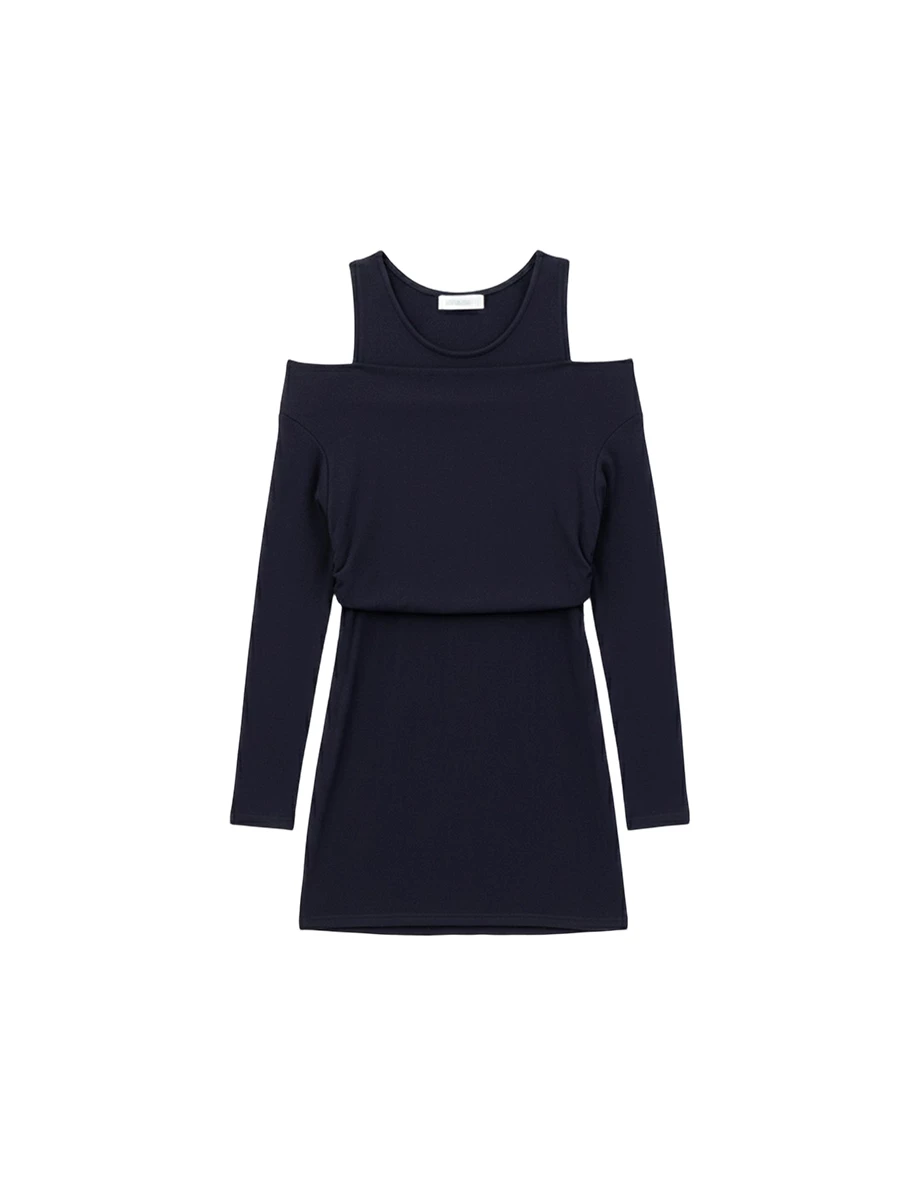 Faux 2 Piece Cold Shoulder Ruched  Long Sleeve Mini Dress