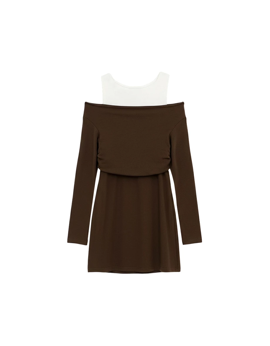 Faux 2 Piece Cold Shoulder Ruched  Long Sleeve Mini Dress