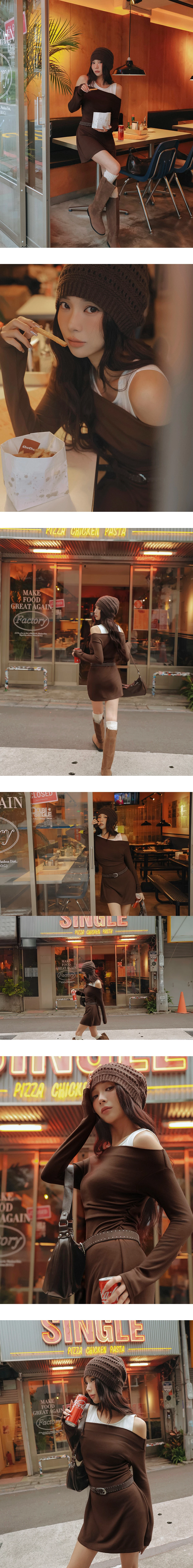 Faux 2 Piece Cold Shoulder Ruched  Long Sleeve Mini Dress