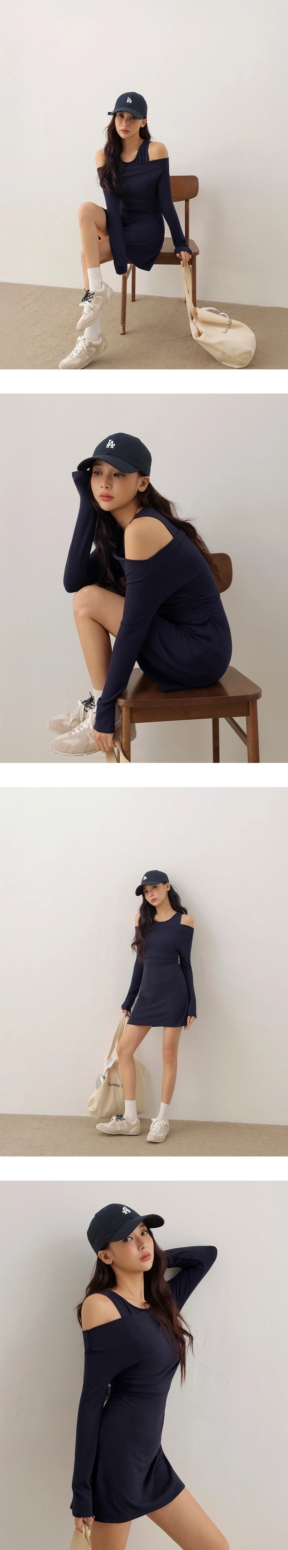 Faux 2 Piece Cold Shoulder Ruched  Long Sleeve Mini Dress