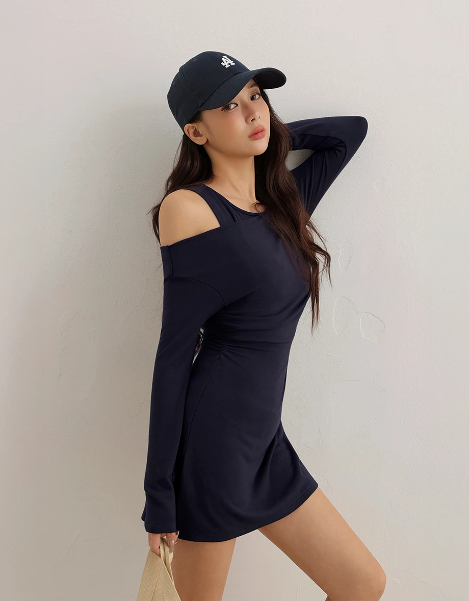 Faux 2 Piece Cold Shoulder Ruched  Long Sleeve Mini Dress