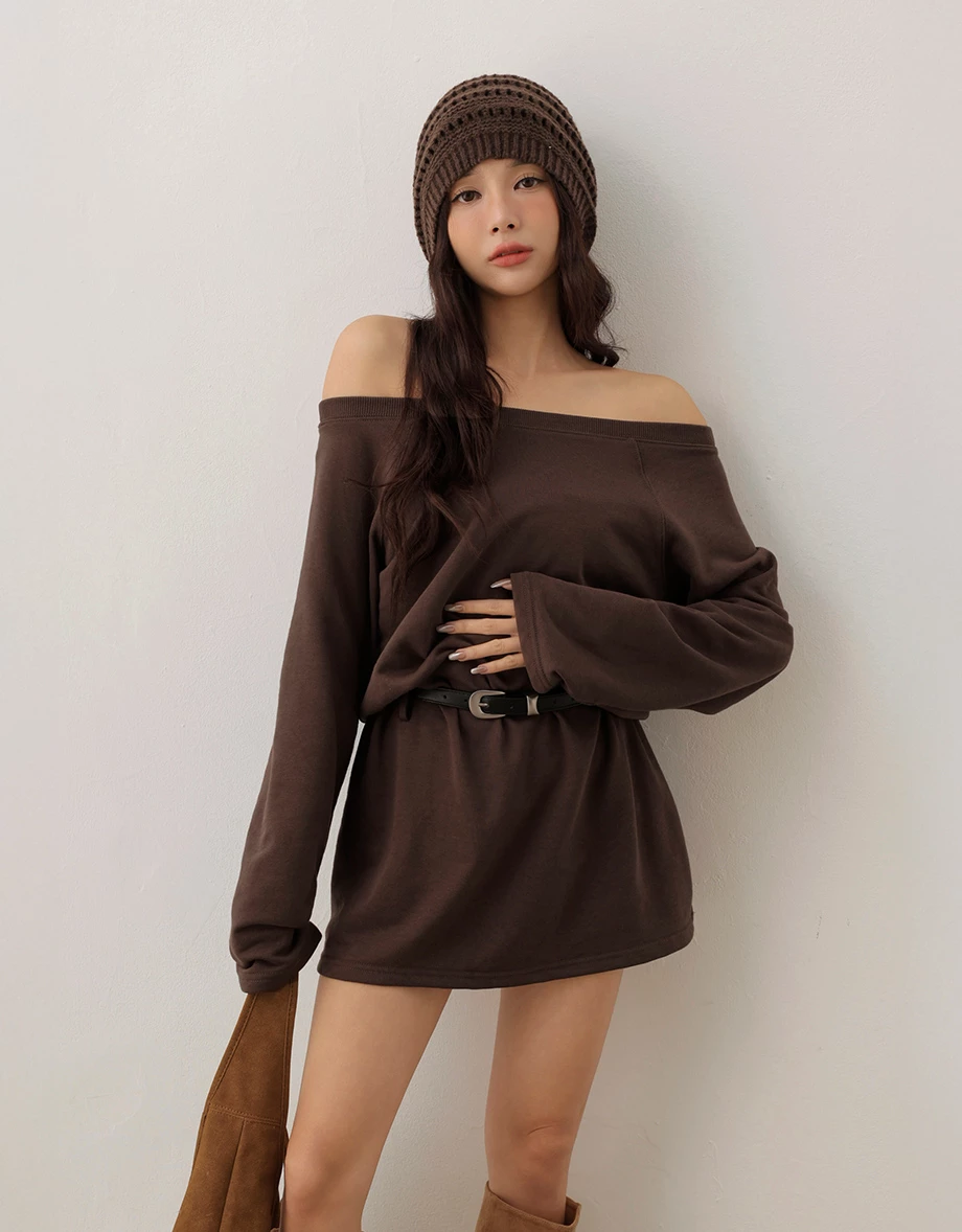 Off Shoulder Cotton Blend Mini Dress (with Belt) Off Shoulder Cotton Blend Mini Dress (with Belt)