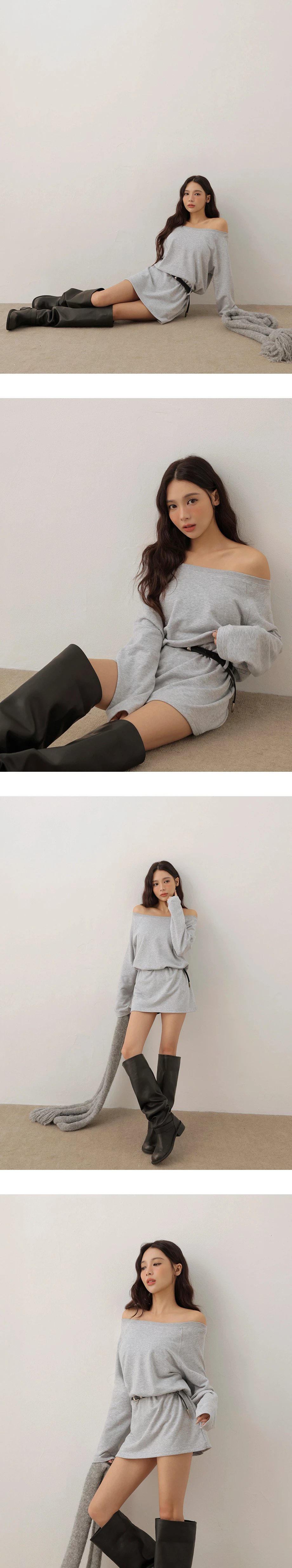 Off Shoulder Cotton Blend Mini Dress (with Belt)