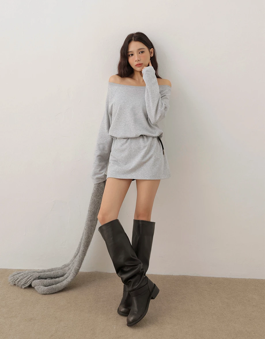 Off Shoulder Cotton Blend Mini Dress (with Belt)